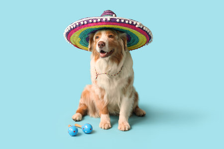 Funny dog in sombrero hat and with maracas on blue backgroundの写真素材