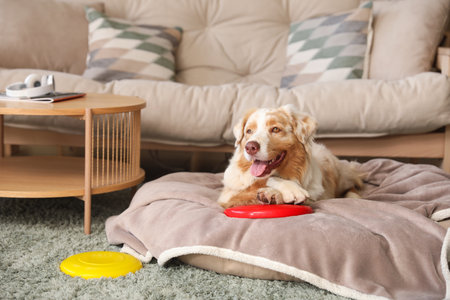 Cute Australian Shepherd dog with frisbee lying at homeの写真素材