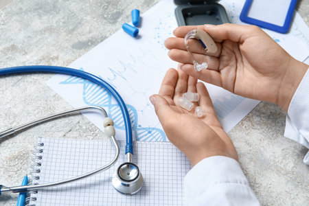 Hands of female doctor with hearing aid, accessories and stethoscope on grunge background, closeup