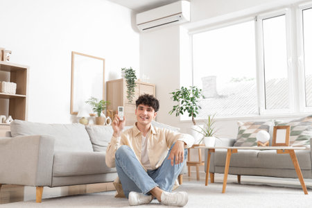 Young man switching on air conditioner at homeの写真素材