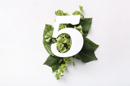 Green leaves with paper number five on white background. Top view