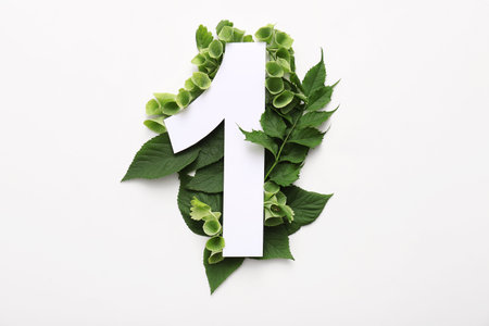 Green leaves with paper number one on white background. Top view