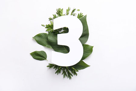 Green leaves with paper number three on white background. Top view
