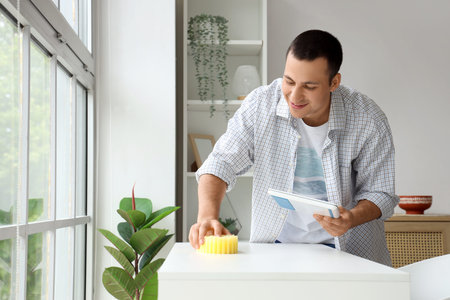 Young man cleaning table with sponge at home
