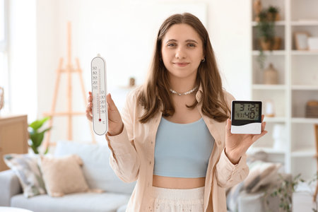 Young woman with digital hygrometer and home thermometer in room