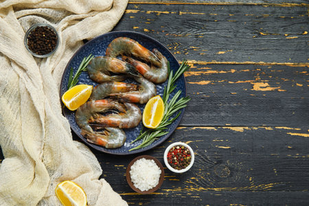 Plate with fresh raw shrimps, lemon and rosemary on black wooden backgroundの写真素材