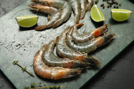 Board with fresh raw shrimps, lime and peppercorn on black backgroundの写真素材