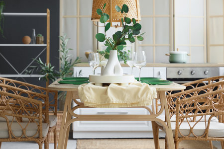 Vase with branches on served dining table and lamp above in interior of kitchenの写真素材