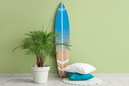 Interior of room with soft pillows, houseplant and surfboard