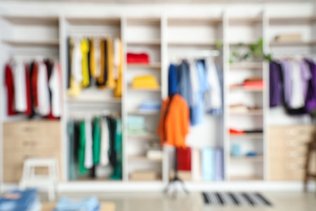 Blurred view of boutique with shelves, stylish clothes and mannequinの写真素材