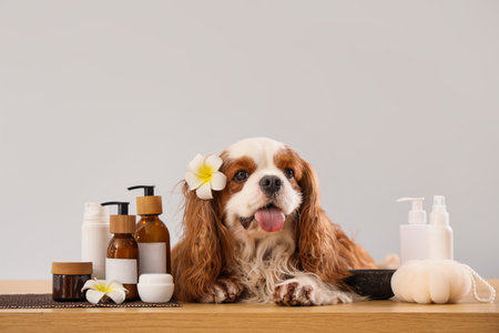 Cute cavalier King Charles spaniel with cosmetic products and bath sponge lying on table against gray backgroundの写真素材