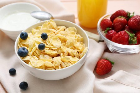 Bowl with cornflakes and berries on napkin as background, closeup