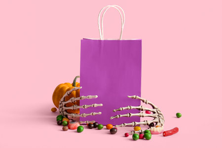 Paper shopping bag, skeleton hands and sweet treats for Halloween on color backgroundの写真素材