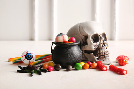 Pot with sweet Halloween treats and human skull on light tableの写真素材