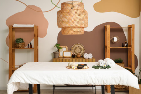 Interior of modern spa salon with couch and shelving unitsの写真素材