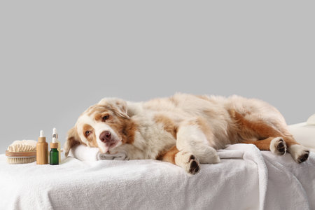 Cute Australian Shepherd dog with cosmetic products and massage brush lying on couch against gray backgroundの写真素材