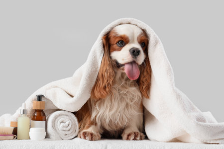 Cute cavalier King Charles spaniel with cosmetic products and towel sitting on couch against gray backgroundの写真素材