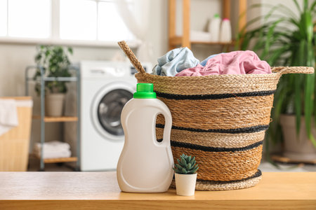 Wicker basket with laundry, houseplant and bottle of detergent on wooden table in roomの写真素材