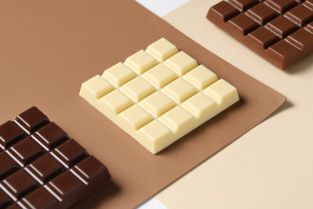 Composition with different chocolate bars on color backgroundの写真素材