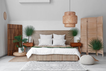 Large bed, bedside tables and folding screen decorated with palm branches in bedroomの写真素材