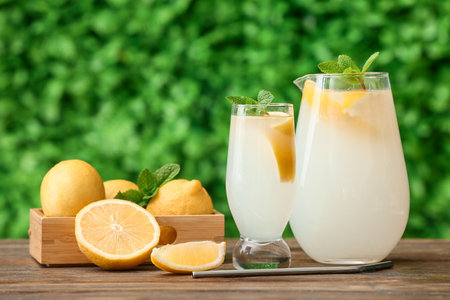Glass and jug of fresh lemonade with mint on wooden table outdoorsの写真素材