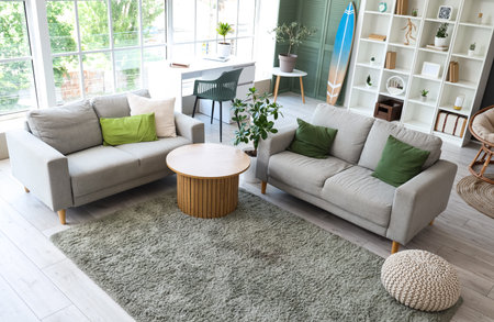 Interior of stylish modern living room with surfboard and sofas