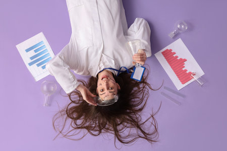 Surprised young female scientist with badge and flasks lying on lilac backgroundの写真素材