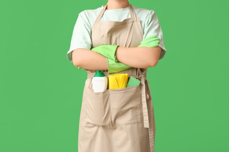 Young woman in apron with cleaning supplies on green background, closeupの写真素材