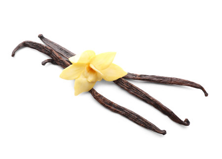 Beautiful yellow vanilla flower and sticks on white background