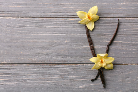 Beautiful vanilla flowers and sticks on gray wooden backgroundの写真素材
