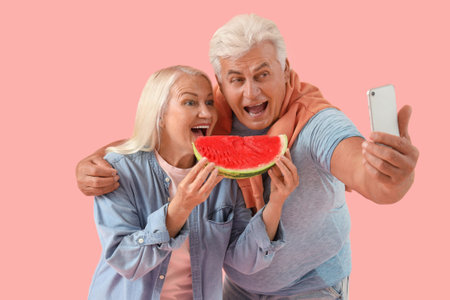 Mature couple with slices of watermelon taking selfie on pink backgroundの写真素材