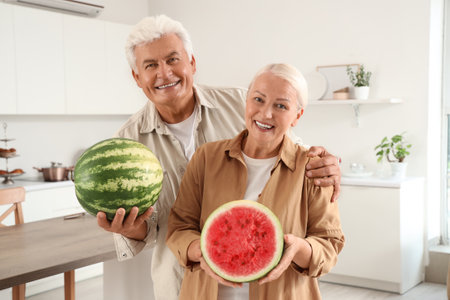 Mature couple with fresh watermelons in kitchenの写真素材