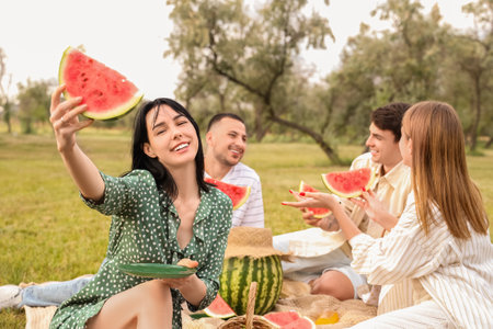 Young woman with watermelon and her friends on picnic in parkの写真素材