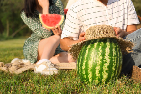 Young man with hat and watermelon on picnic in park at sunset, closeupの写真素材