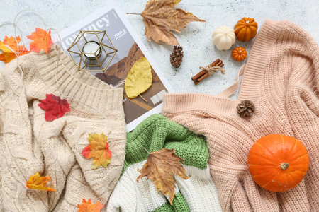 Composition with stylish warm sweaters, magazine and autumn decor on light background
