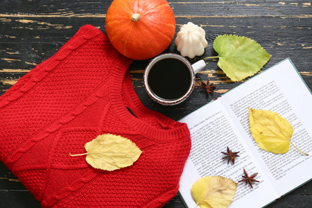 Composition with stylish sweater, cup of coffee, book and autumn decor on dark wooden background