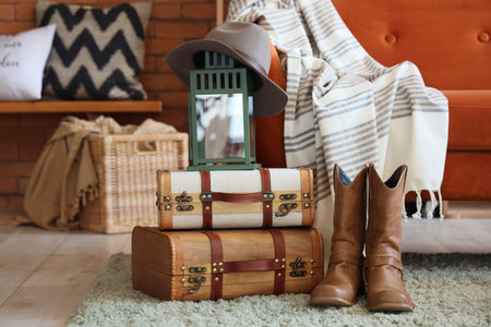 Lantern with cowboy hat on bags and boots in living room