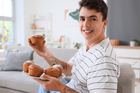 Young man with tasty muffins at homeの写真素材
