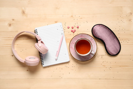 Cup of tea with sleep mask, headphones, pills and notebook on wooden backgroundの写真素材