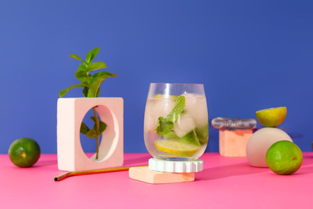 Creative composition with glass of fresh mojito, lime and mint on pink table against blue backgroundの写真素材