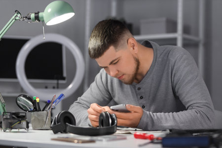 Male technician repairing mobile phone at table in service centerの写真素材