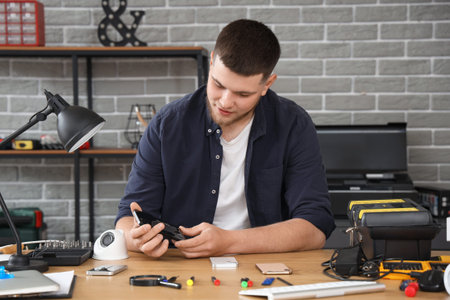 Male technician repairing mobile phone in service center