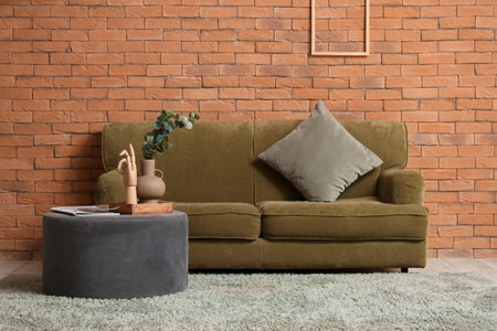 Interior of living room with sofa, pouf and artificial plantの写真素材