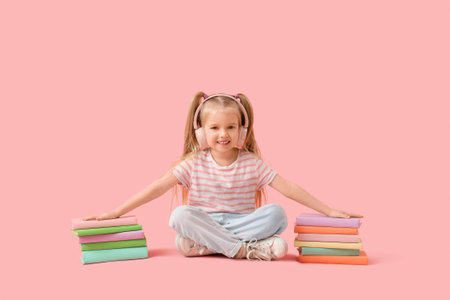 Cute little girl in headphones listening to audiobook with books and sitting on pink backgroundの写真素材