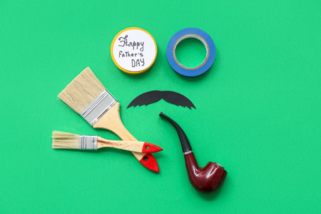 Adhesive tape, paint brushes, smoking pipe and greeting card with text HAPPY FATHER'S DAY on green backgroundの写真素材