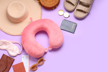 Travel pillow, passport and beach accessories on lilac backgroundの写真素材