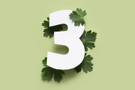 Leaves with paper number three on green background. Top view