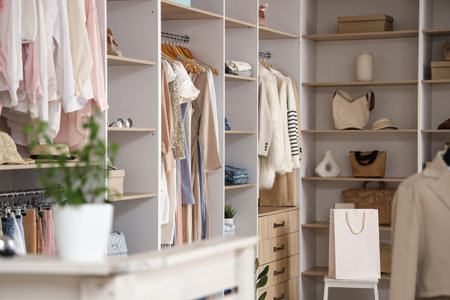 Interior of stylish boutique with shelves, clothes and accessories