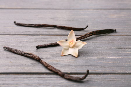 Beautiful vanilla flower and sticks on gray wooden background