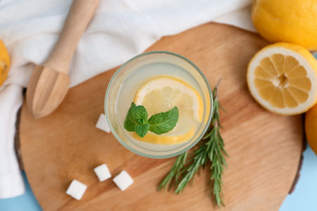 Glass of fresh lemonade with mint and rosemary on blue background, closeupの写真素材